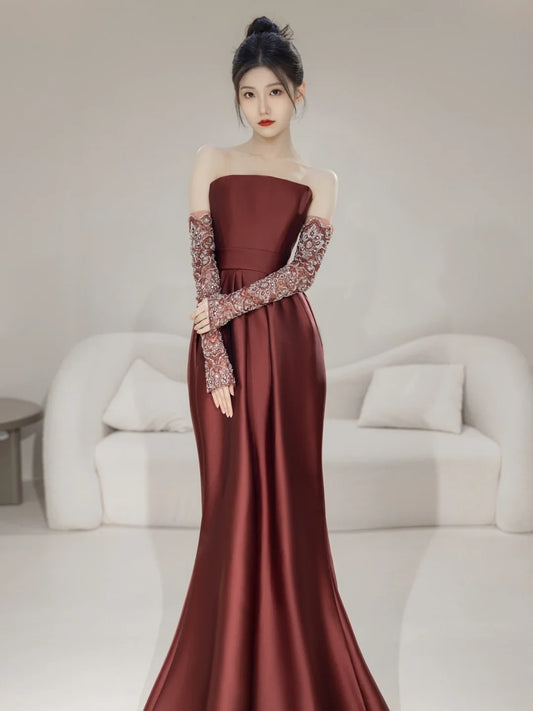 Modest Mermaid Strapless Satin With Gloves For Women Party Dress Long Formal Prom Dresses 22th Birthday Outfits N297
