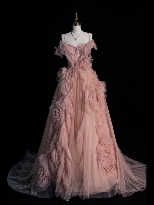 Beautiful Ball Gown Spaghetti Strap Pink Tulle Long Prom Dresses Inspiration Evening Gowns Formal Prom Dress N1214
