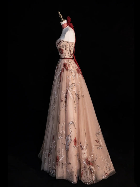 Modest Ball Gown Strapless Sleeveless Tulle Champagne Floral Long Prom Dress For Women Girls Evening Dresses N654