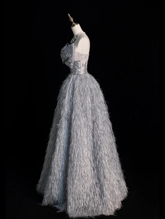 Princess Ball Gown Sweetheart Grey With Bow Feathers Tulle Long Formal Evening Dress Gowns Formal Prom Dresses N751