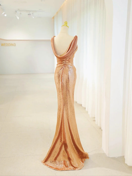 Beautiful Prom Dresses Mermaid Gold Sequined With Folded Long Formal Gown N2935