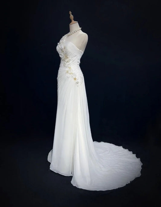 Unique Wedding Dresses Mermaid One Shoulder White Chiffon With Beading Summer Garden Long Bridal Gown N3679