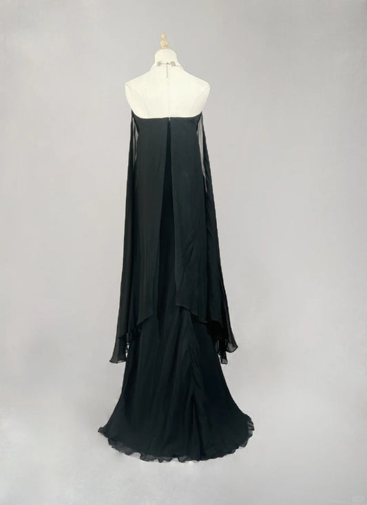 Classy Prom Dresses Mermaid Strapless Chiffon Black Tie Dress With Cape Long Formal Evening Outfits N3703