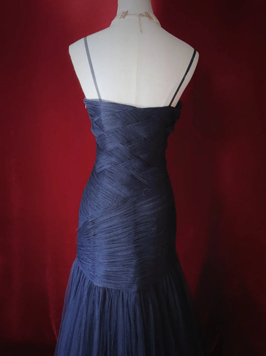 Elegant Prom Dresses Inspo Mermaid Spaghetti Strap Navy Blue Tulle With Ruffled For Women Formal Dress N3226