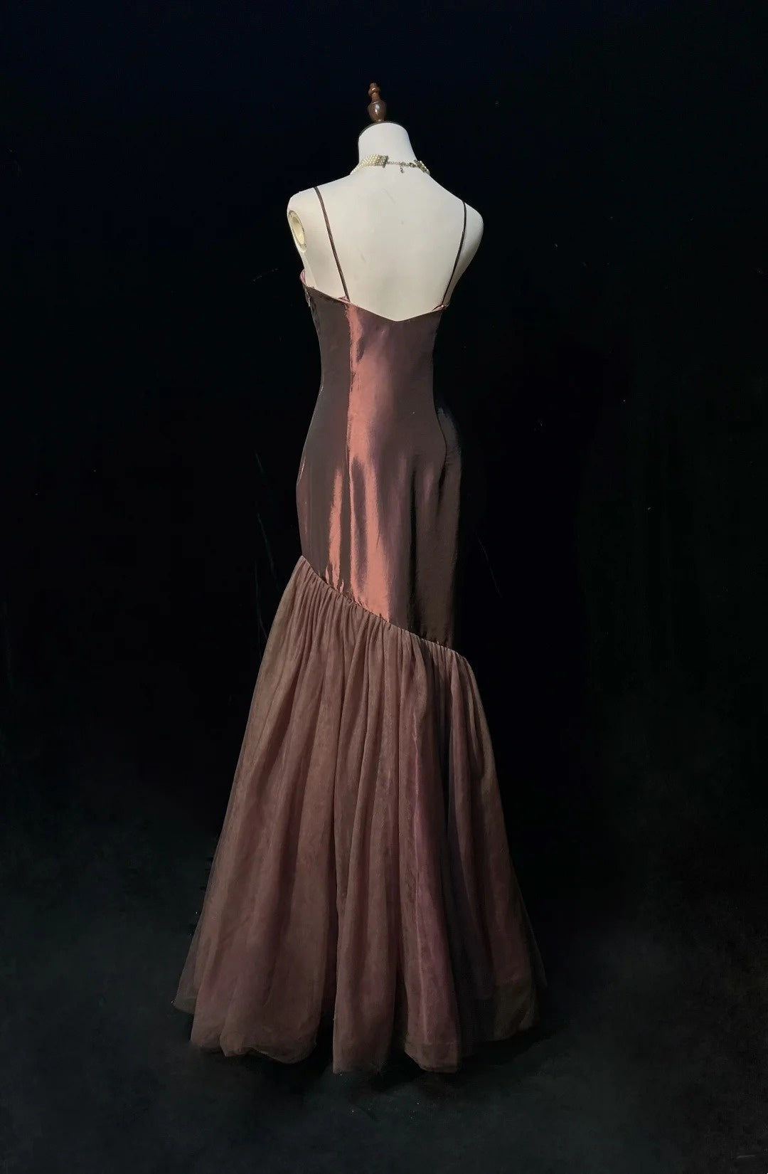 Vintage Prom Dresses Mermaid Spaghetti Strap Floor Length Brown Tulle Formal Party Dress N2532