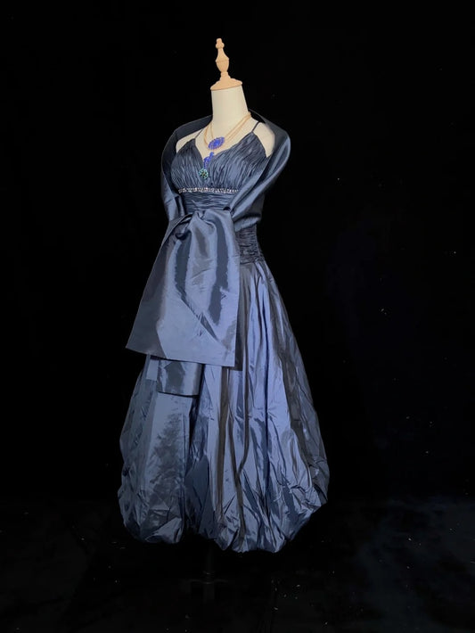 Timeless Prom Dresses Ball Gown Halter Navy Blue Taffeta With Beading Cape Evening Outfits N3287