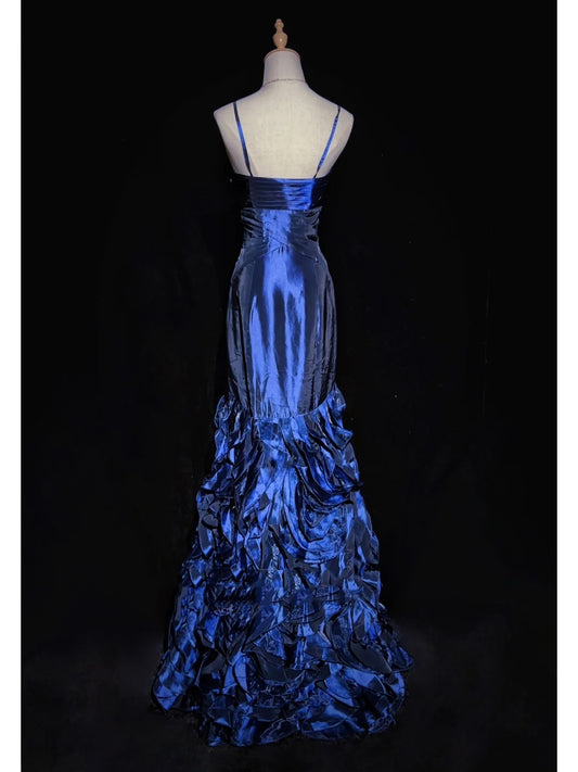 Vintage Prom Dresses Inspo Mermaid Spaghetti Strap Navy Blue Tiered Layers 80s With Ruffled Formal Gowns N3361