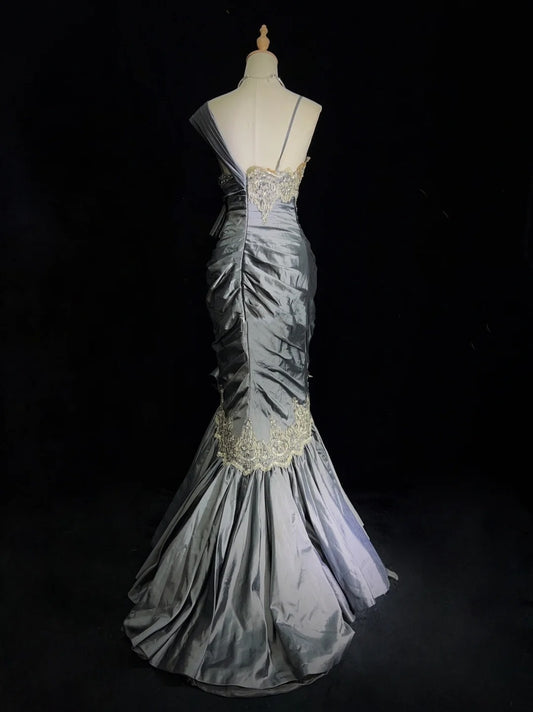 Vintage Prom Dresses Mermaid Straps Grey Satin Lace With Ruffles Long Evening Outfits N3442
