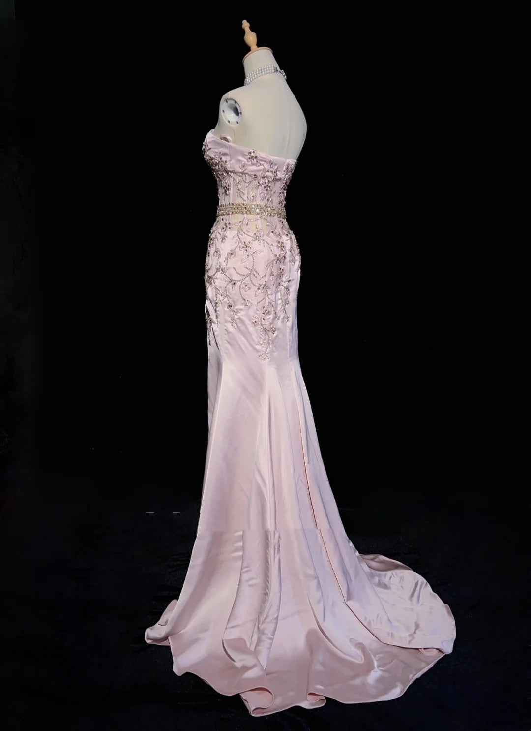 Vintage Prom Dresses 80s Mermaid Strapless Pink Satin Applique Long Formal Evening Outfits N3480