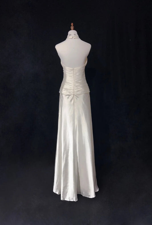 Vintage Prom Dresses A line Halter White Satin With Pleated Cape 1960s Long Formal Gown N2604