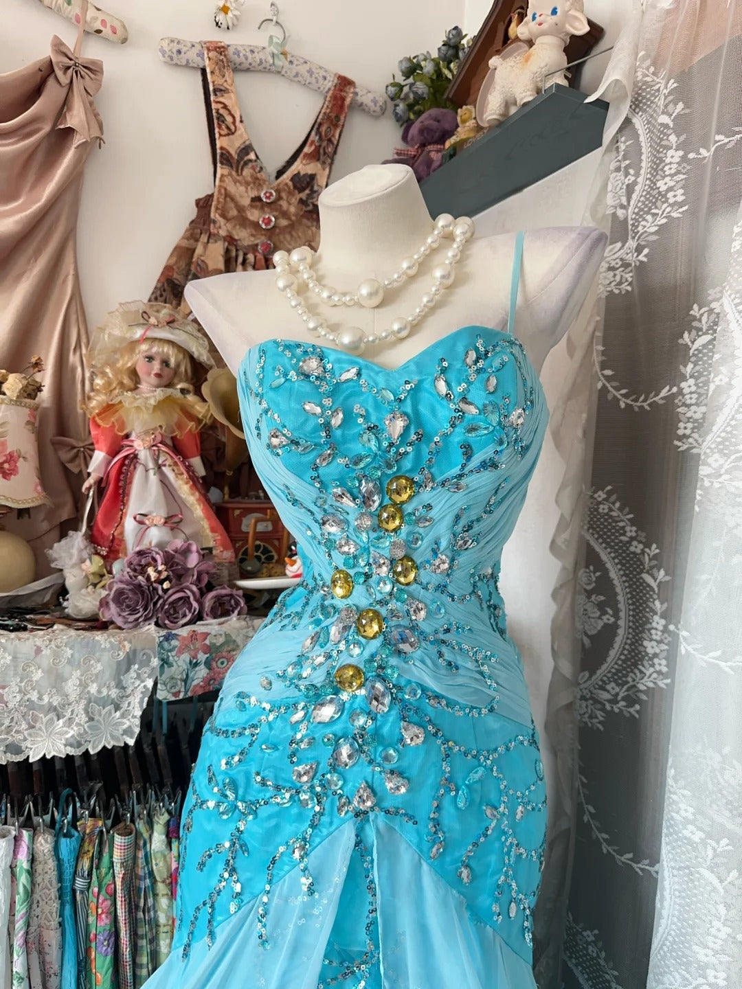 Retro Classy Mermaid Spaghetti Strap Blue Chiffon With Beaded Crystals 1950s Prom Dresses Formal Gowns N844