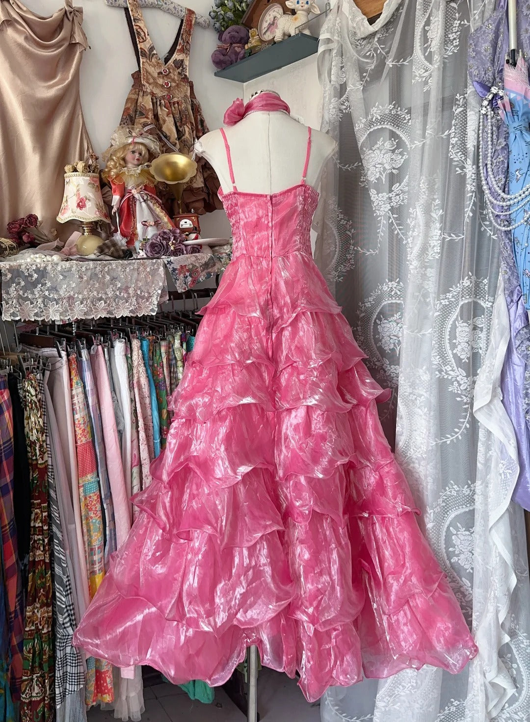 Classy Prom Dresses Ball Gown Halter Pink Organza With Layers Long Formal Evening Outfits N3724