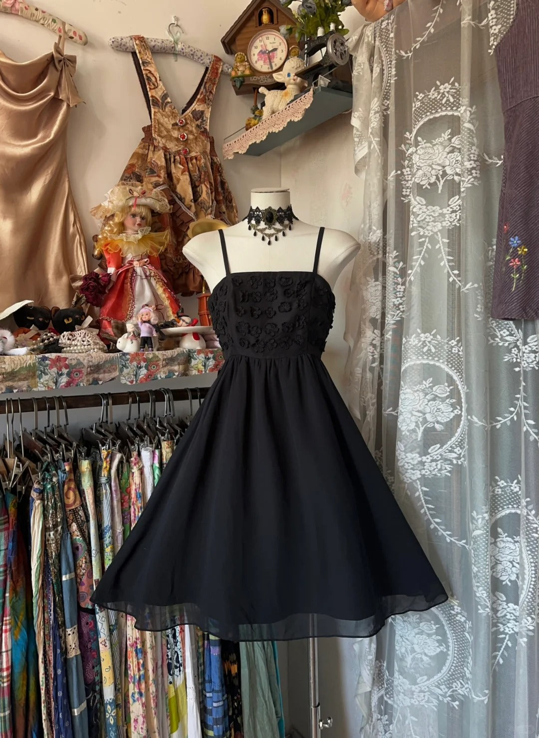 Vintage A line Spaghetti Strap Little Black Dress Chiffon Graduation Birthday Outfits Homecoming Dresses N3760