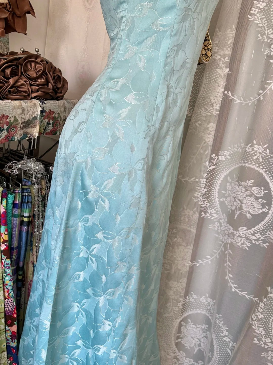 Prom Dress A line Square Blue Lace Floor Length High School Graduation Party Dresses RC1101