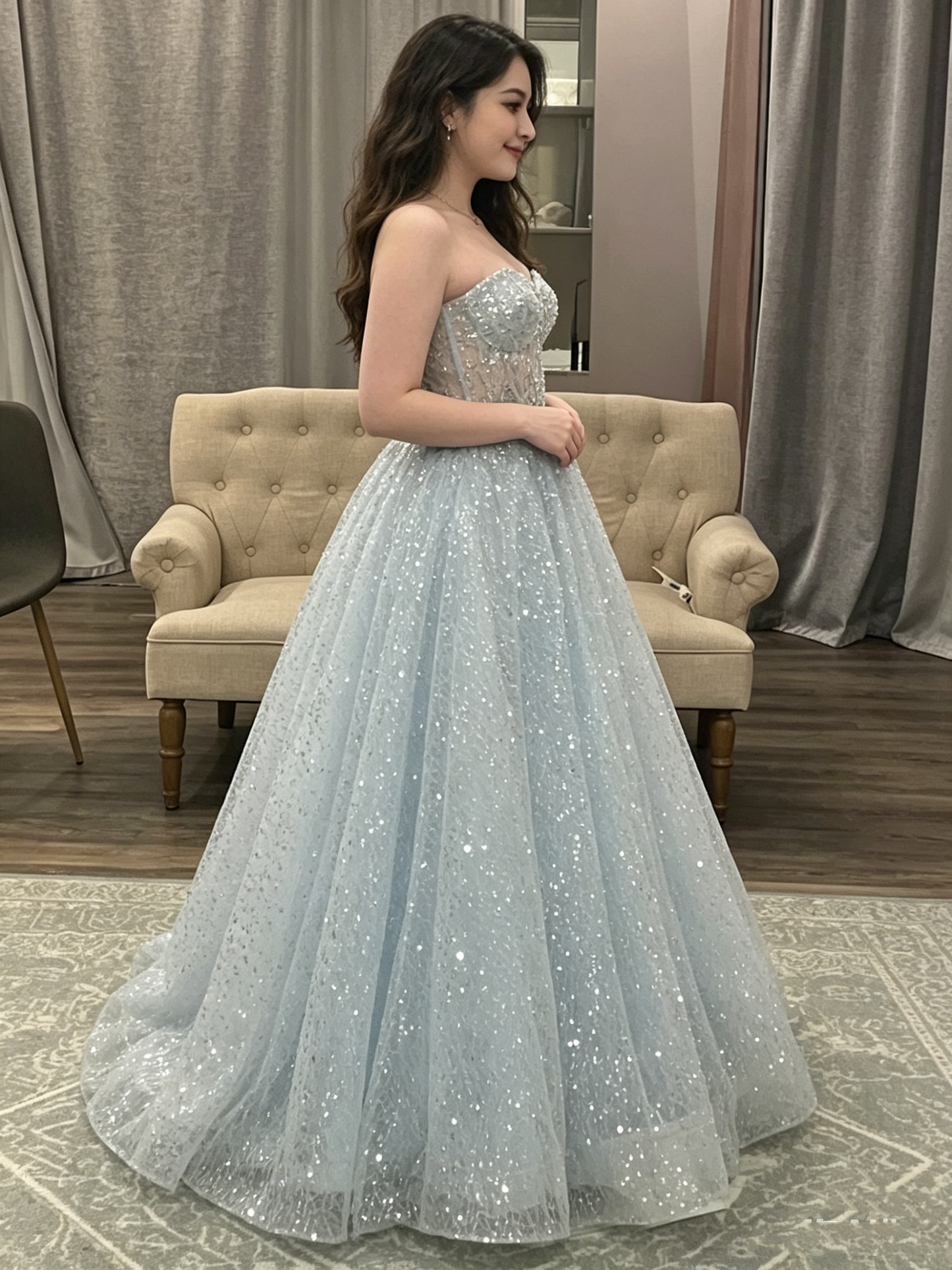 Sparkly Ball Gown Sweetheart Sequin Light Sky Blue Prom Dresses Inspiration Prom Dress Princess Graduation Dress B301