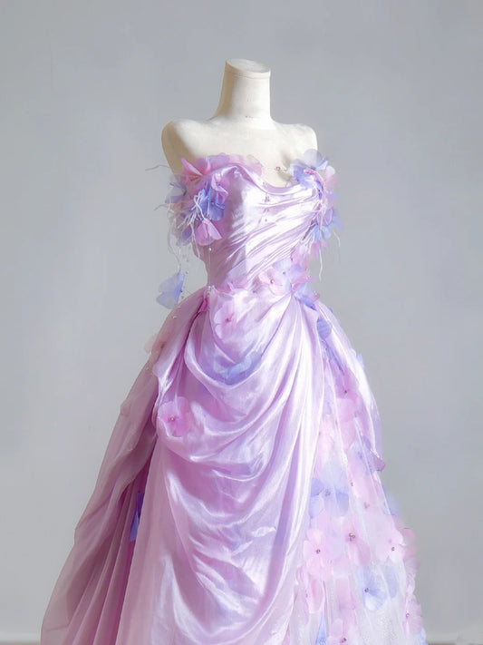 Timeless Ball Gown Strapless Lilac Floral Tulle Long Prom Dresses Inspiration Party Gowns N399