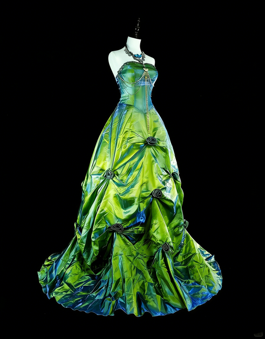 Vintage Prom Dresses Ball Gown Strapless Green Taffeta With Ruffle 1980s Long Formal Gown N2714