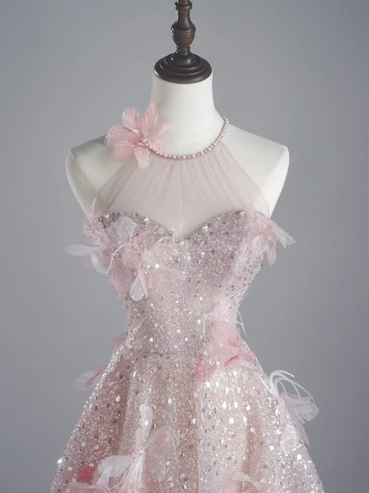 Modest A line Scoop Neck Pink Sequins Prom Dresses Inspiration Party Gowns Princess Formal Dress N758