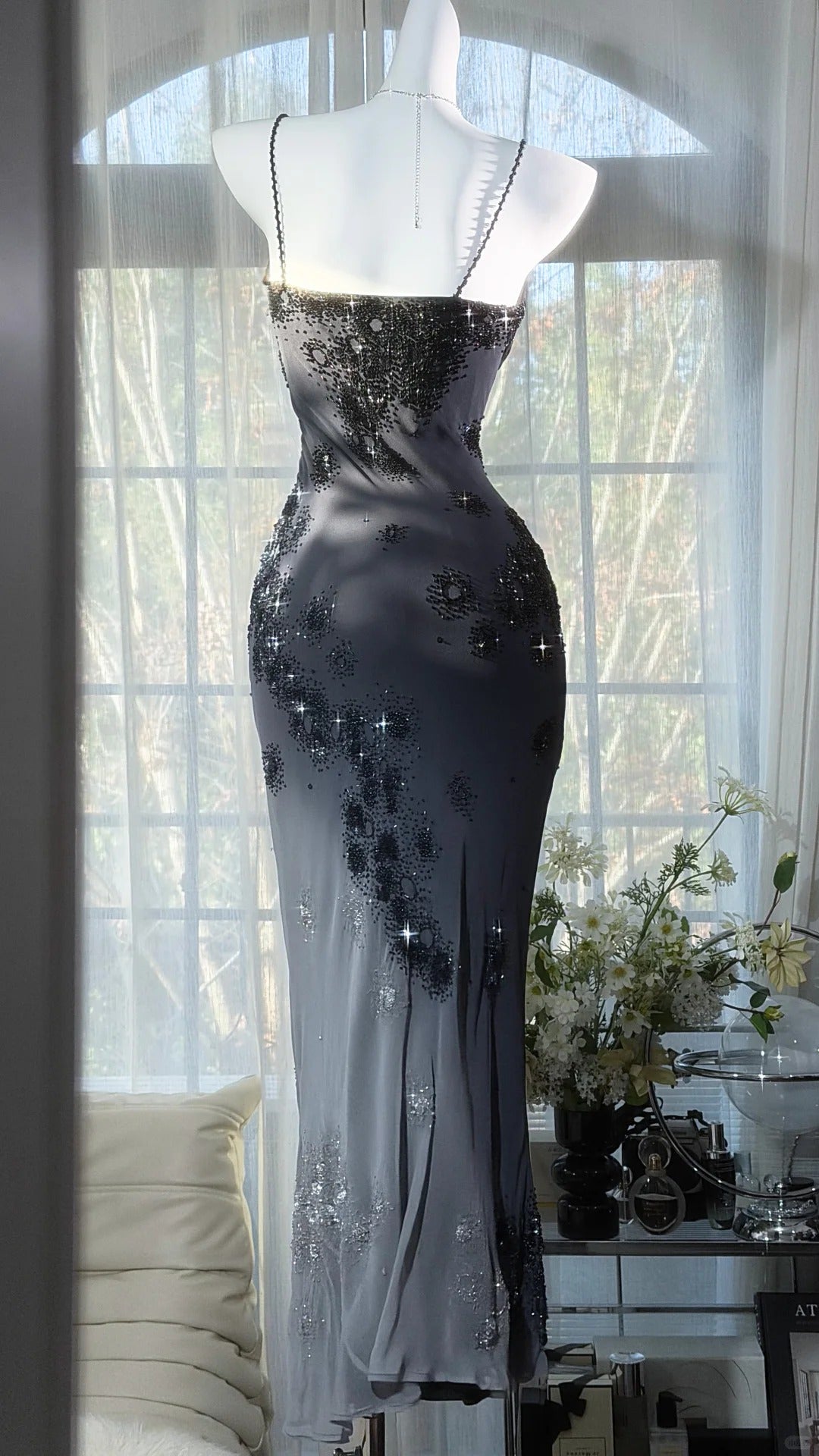 Charming Prom Dresses Mermaid Spaghetti Strap Black Chiffon Tea Length Evening Outfits N3555