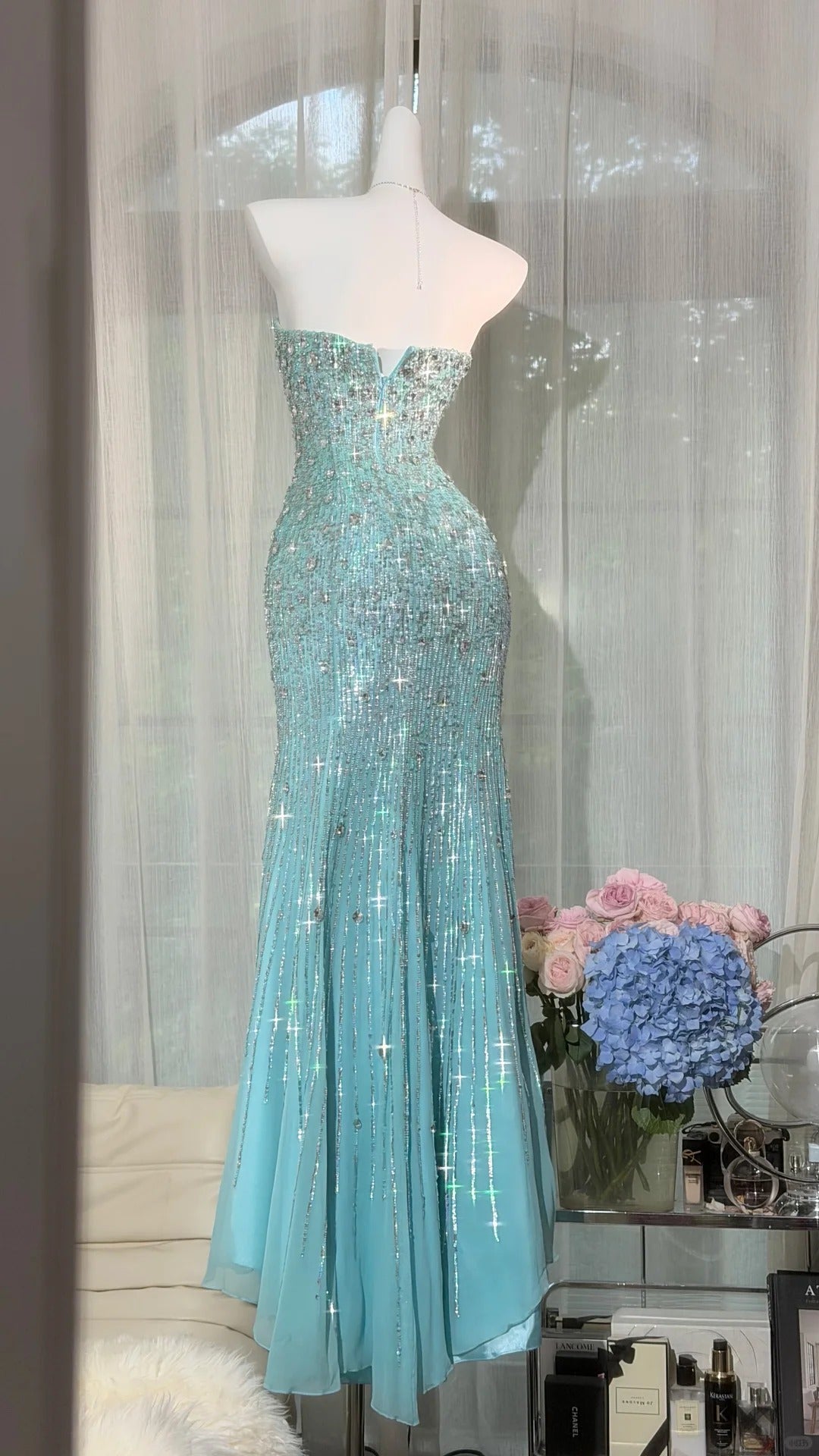 Classic Mermaid Sweetheart Blue Chiffon With Silver Beads Floor Length Prom Dresses Inspo Formal Outfits RB4508
