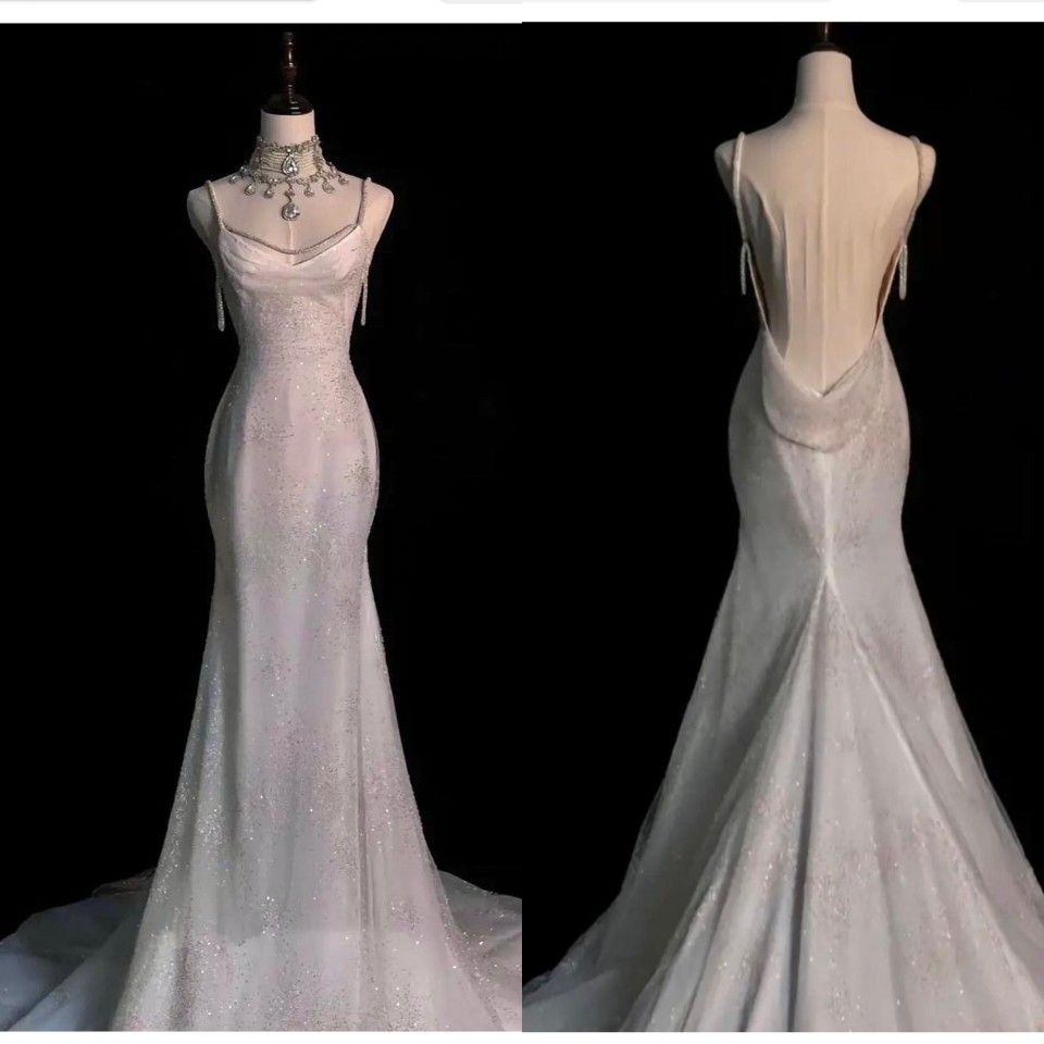 Mermaid Ivory White Sequin Spaghetti Straps Long Backless Pleats Wedding Dress AB976