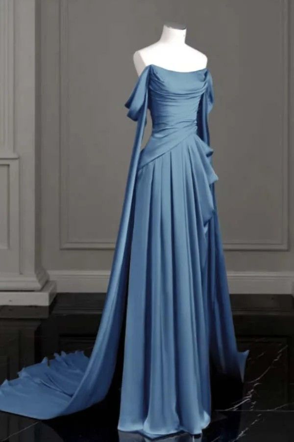 Modest Mermaid Off The Shoulder Blue Prom Dresses Long for Women Formal Evening Gown N2357