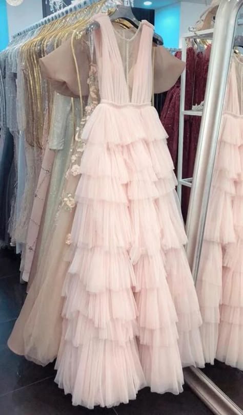 A Line V Neck Pink Tulle Long Prom Dresses Evening Dress Sweet 15 16 Gown AB1753