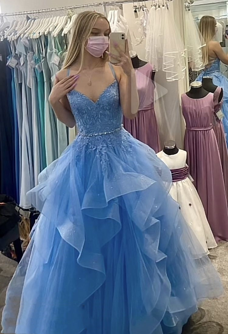 Cute Ball Gown Halter Blue Tulle With Appliques Long Prom Dresses Senior Graduation Dance Evening Outfits N420
