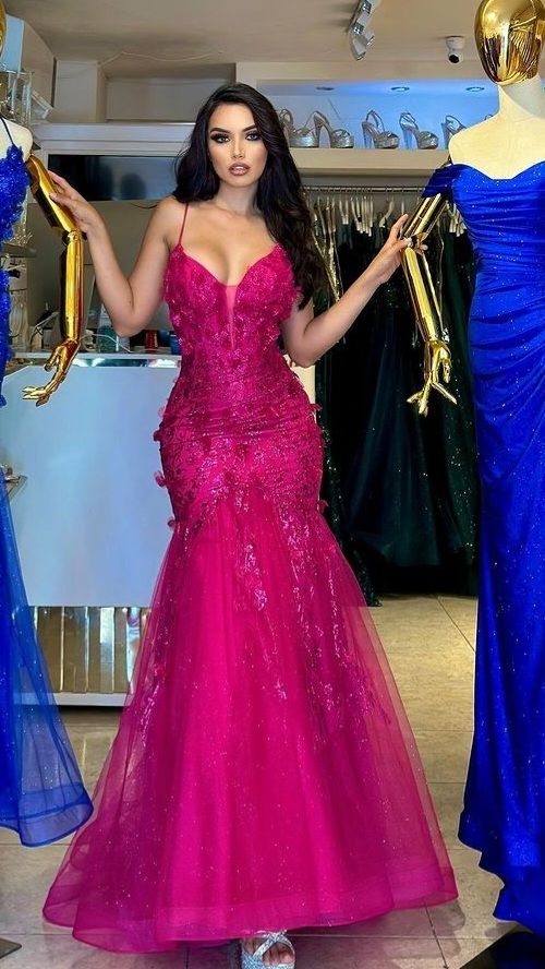Classy Mermaid Halter Fuchsia Tulle Lace Prom Dress Aesthetic For Teens Formal Dresses Party Outfits Prom Gown AB1120