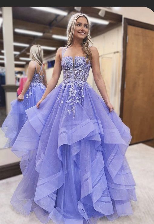 Romantic Ball Gown Spaghetti Strap Lilac Tulle With Appliques Long Prom Dresses Senior Graduation Dance Evening Outfits N422