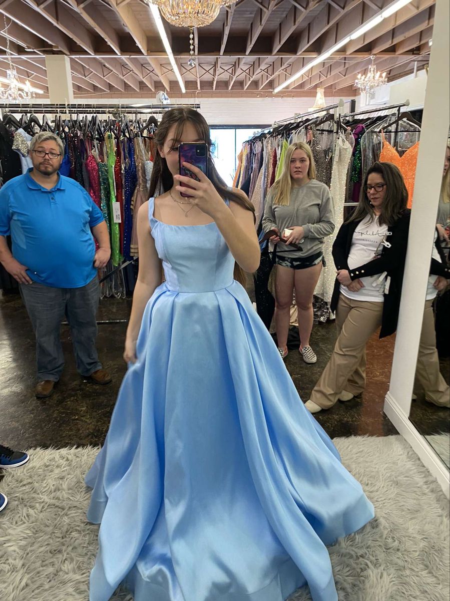 Simple A Line Square Neck Blue Satin Sleeveless Prom Dresses Long Prom Gowns AB217