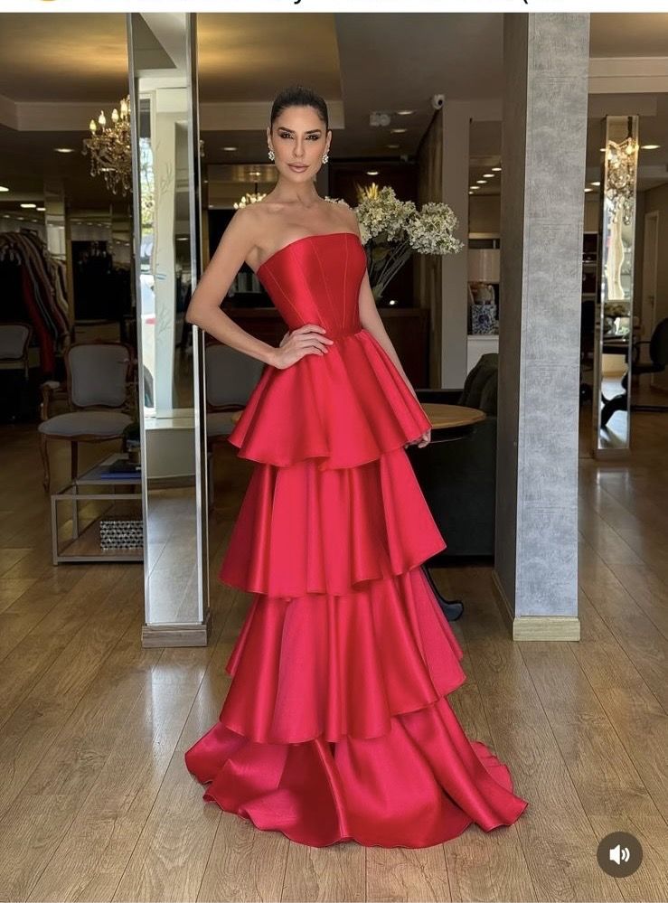 Simple A Line Red Strapless Satin Sleeveless Long Prom Dresses Classy Prom Gowns AB223