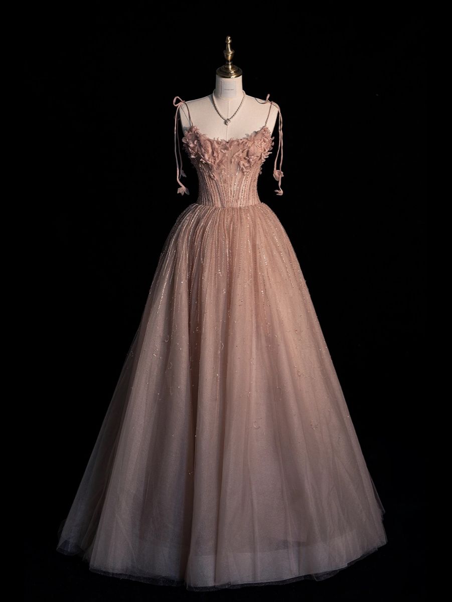Modest Ball Gown Spaghetti Strap Pink Tulle With Flowers Long Prom Dresses Senior Graduation Dance Evening Outfits N433