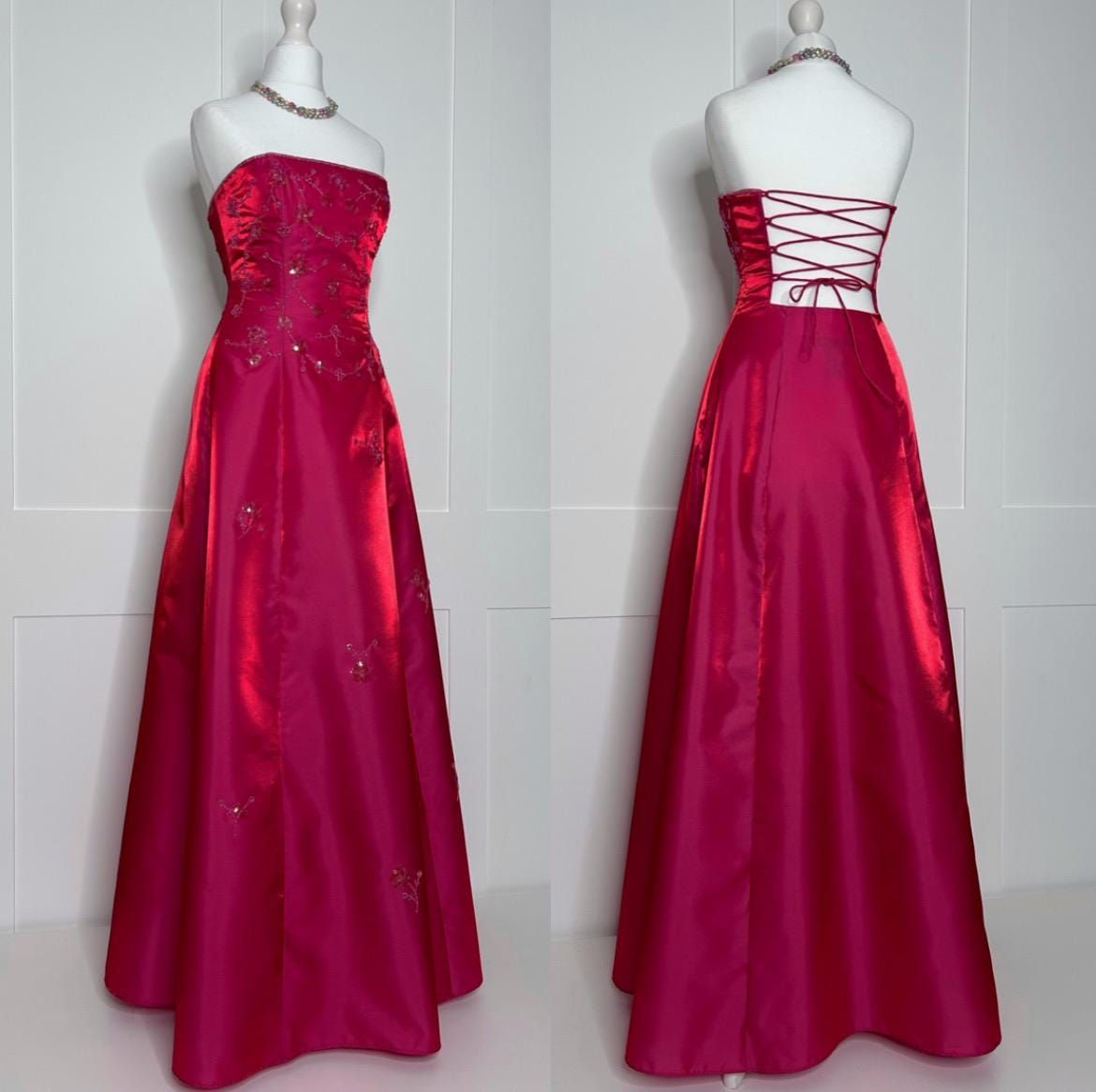 Vintage A Line Strapless Hot Pink Satin With Beaded Appliques Formal Gowns Evening Maxi Dress Prom Dress Aesthetic For Women Party Outfits AB1203