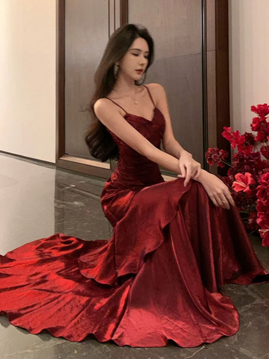 Stunning Mermaid Spaghetti Straps Burgundy Satin Long Prom Dresses Inspiration Prom Gowns RB1331