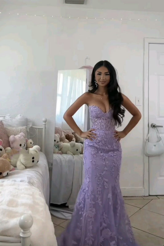Strapless Tulle Lace Appliques Evening Dress Mermaid Prom Dress AB642