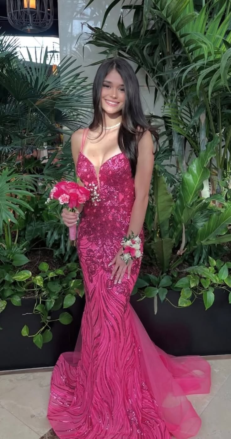 Sparkly Mermaid Spaghetti Straps Hot Pink Tulle Long Prom Dresses Inspiration Party For Womens Formal Dress RB8705