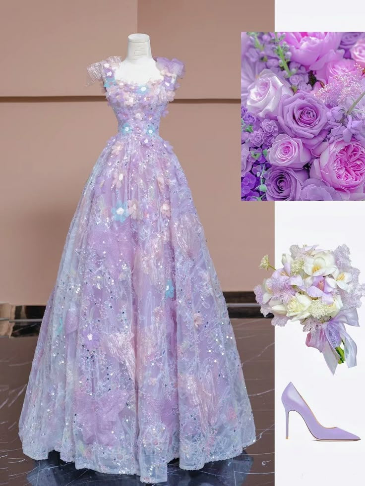Cute Ball Gown Straps Lace Floral Lilac Prom Dresses Inspo For Teens Formal Dress Party Outfits Prom Gowns AB097