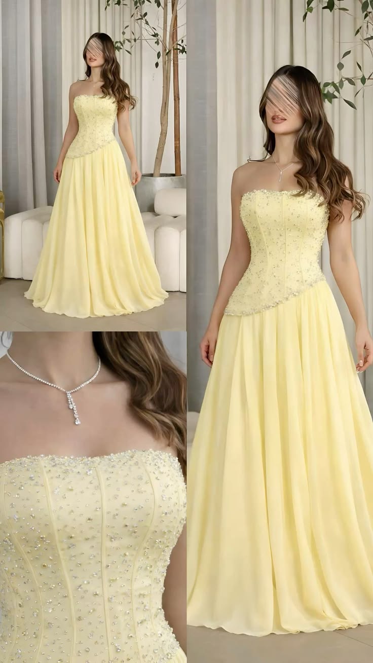 Dreamy A Line Strapless Yellow Chiffon Perfection-Formal Goals With Beading Long Prom Dress Evening Party Formal Outfits RB6698