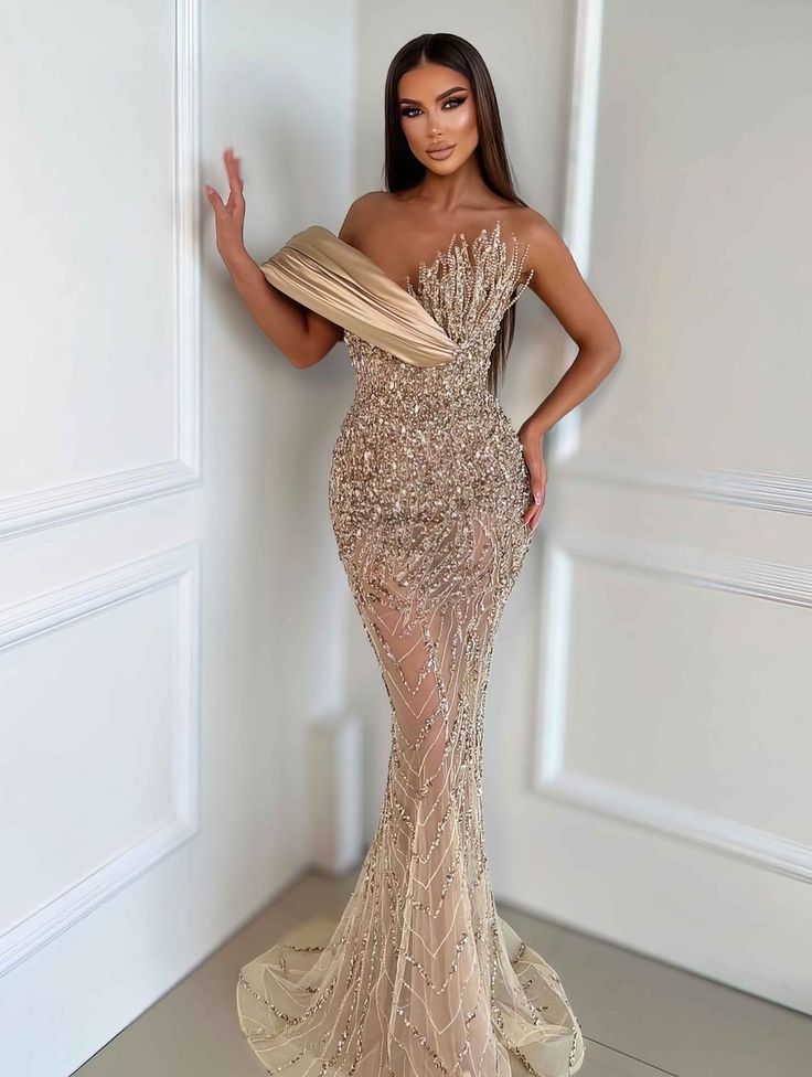 Elegant Formal Prom Dress Floor Length Champagne Mermaid Black Women Girls Evening Gown for Special Occasions RC0184