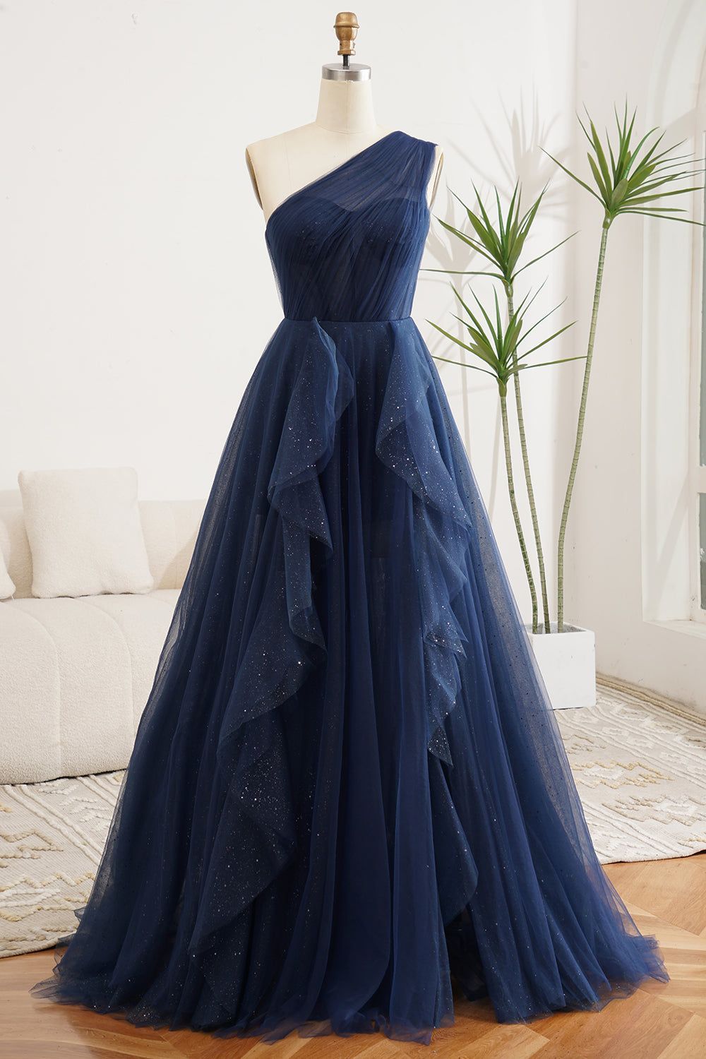Ball Gown One Shoulder Marine Ball Dresses Floor Length Formal Gowns Tulle Navy Blue Prom Dresses Evening Dress AB736
