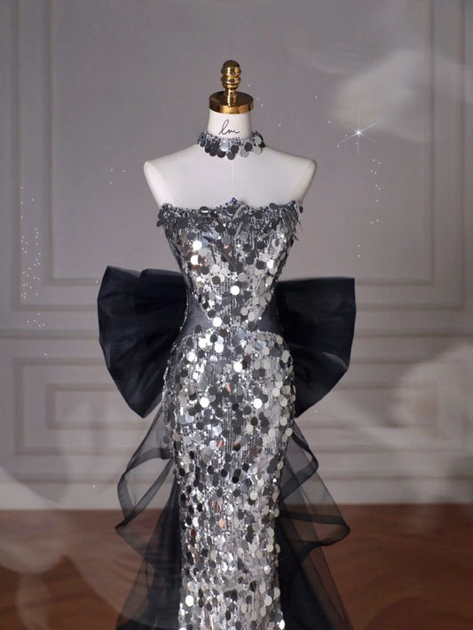 Black Glitter Sequins Tulle Mermaid Prom Dress Strapless Evening Dress With Bow For Teenagers High Schools AB1932