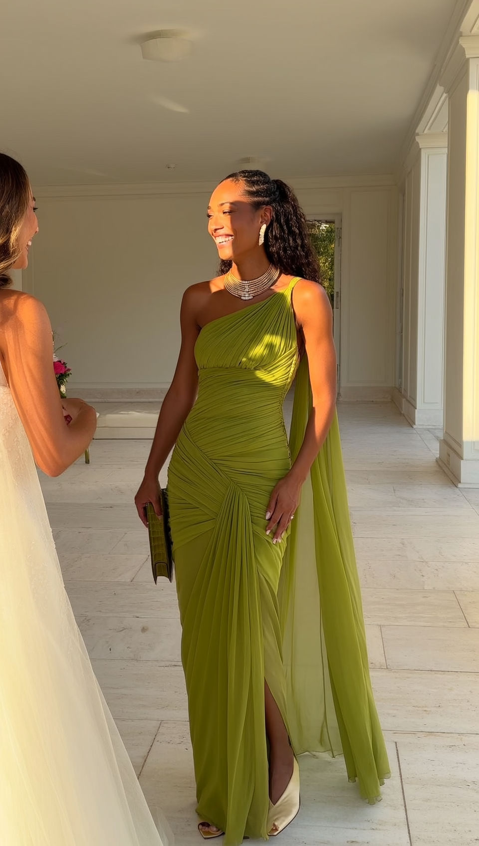 Sexy Sheath One Shoulder Green Chiffon Slit Long Prom Dresses For High School People Girls Formal Evening Wedding Guest Gown N1004