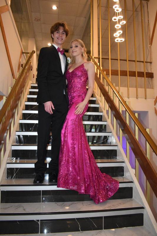 Unique Mermaid Spaghetti Straps Hot Pink Sequin Prom Dresses Long Party Dress 18th Birthday Outfits Graduation Dress RB1029