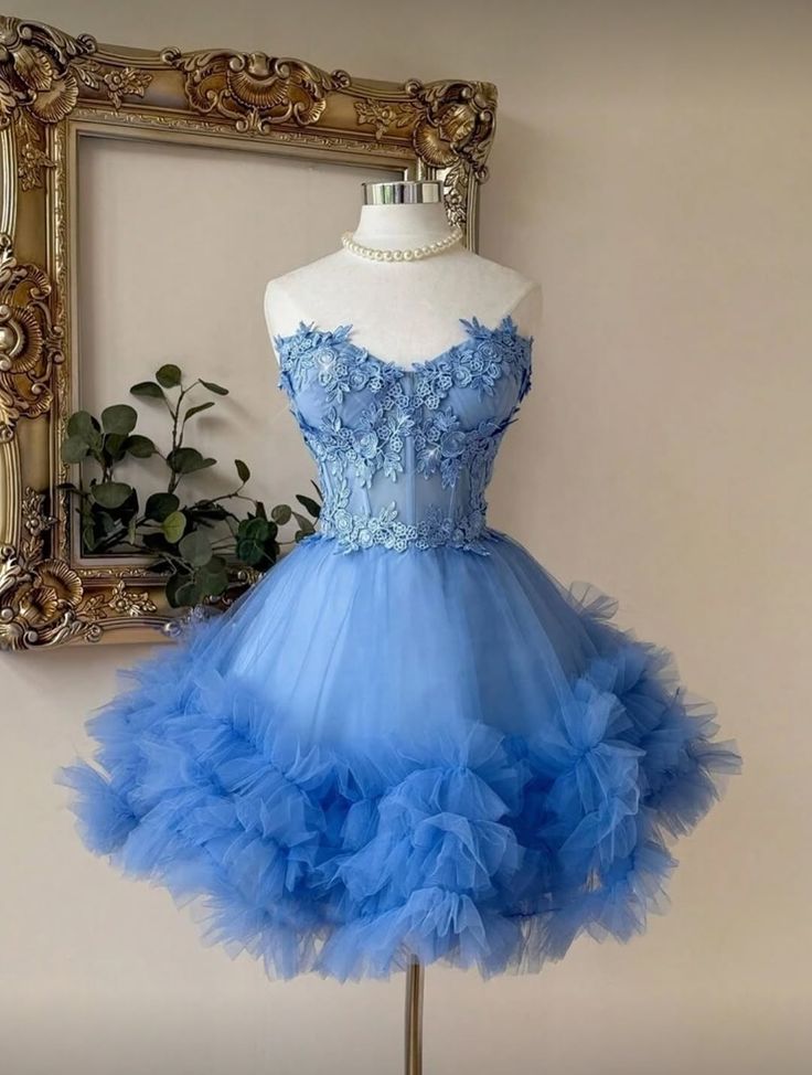 Chic Ball Gown Sweetheart Blue Tulle Short 16th Birthday Dress Homecoming Dresses Cocktail Gown AB2045