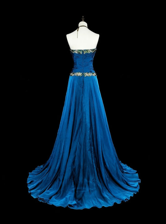 Vintage A Line Sweethart Blue Chiffon Long Prom Gown Party Wear Fashion Dresses N1824