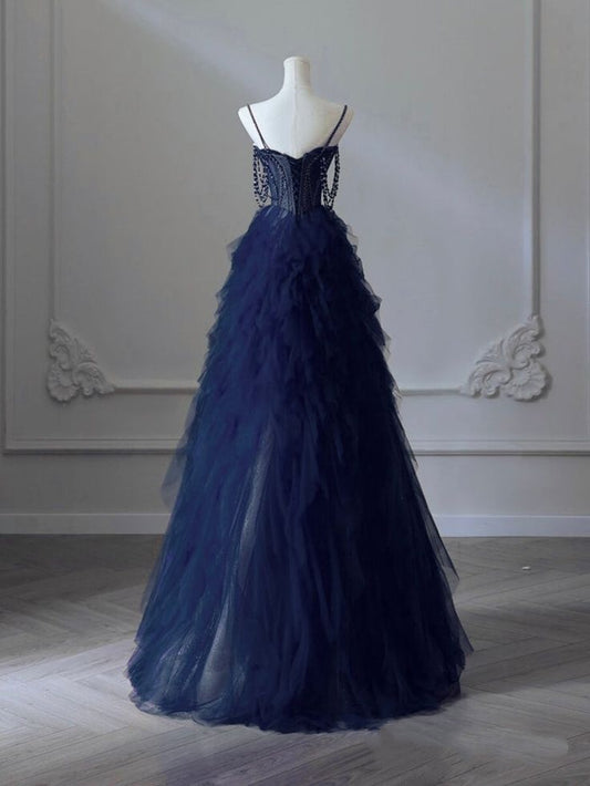 A-Line Sweetheart Neck Tulle Dark Blue Long Prom Dress, Dark Blue Long Graduation Dress With Beads AB691