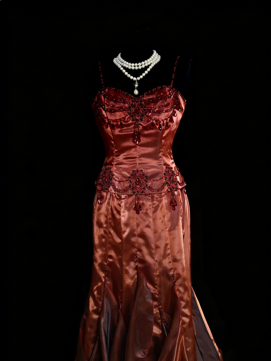 Vintage Mermaid Spaghetti Strap Rest Red Satin Beads Senior Prom dresses High School Long Formal Dresses N1248