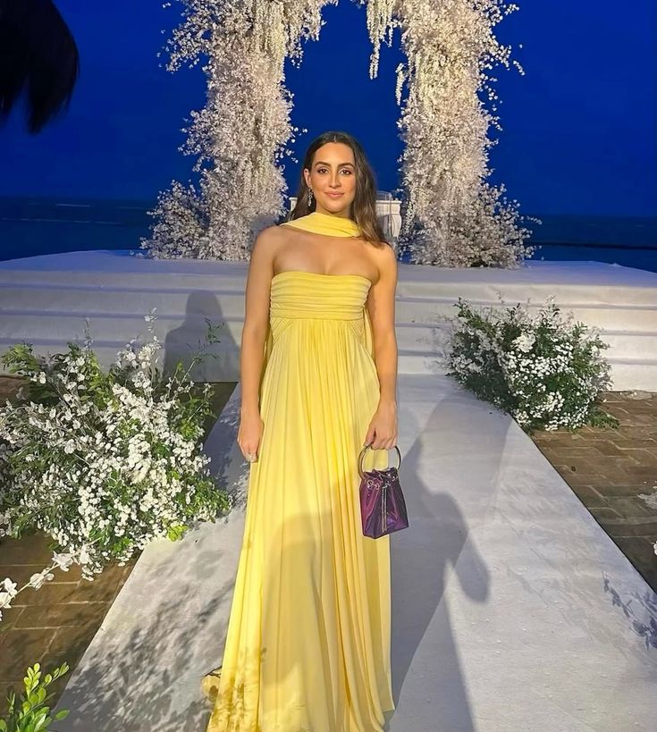 Modest A Line Strapless Chiffon Yellow Prom Dresses Inspo Simple Long Prom Gowns With Scarf AB249