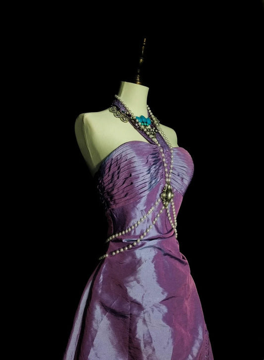 Vintage Ball Gown Strapless Lilac Taffeta 80s Sleeveless Prom Dresses Long Formal Party Gown N1428
